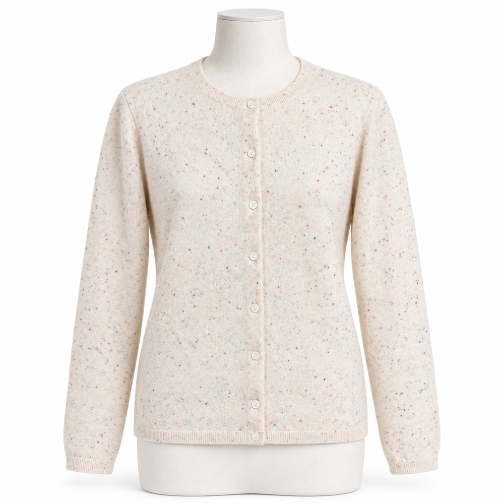 Lands End L Cardigan Sweater Cream Rainbow Speckled Cashmere Classic Button Up